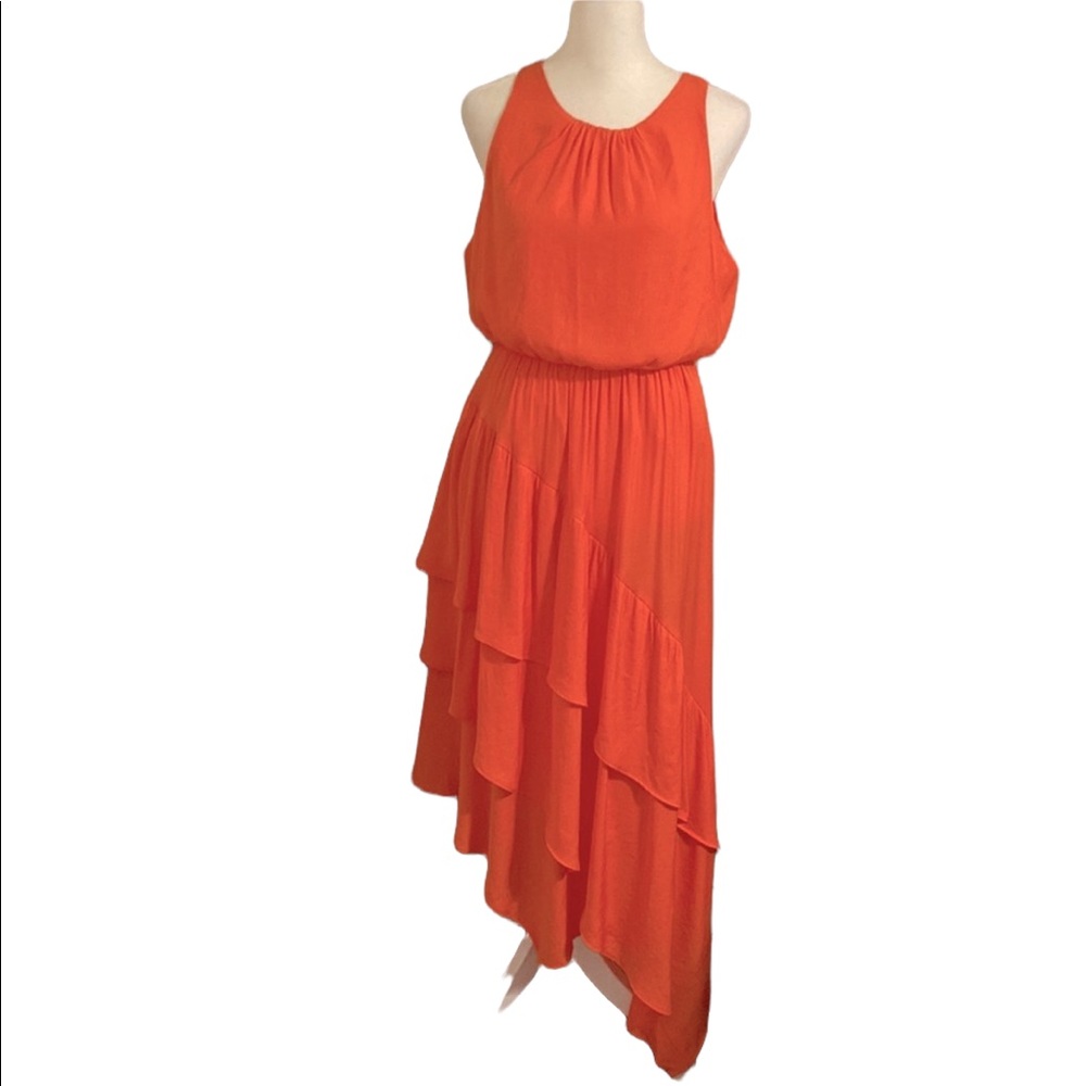 DO+BE tangerine asymmetrical ruffle dress